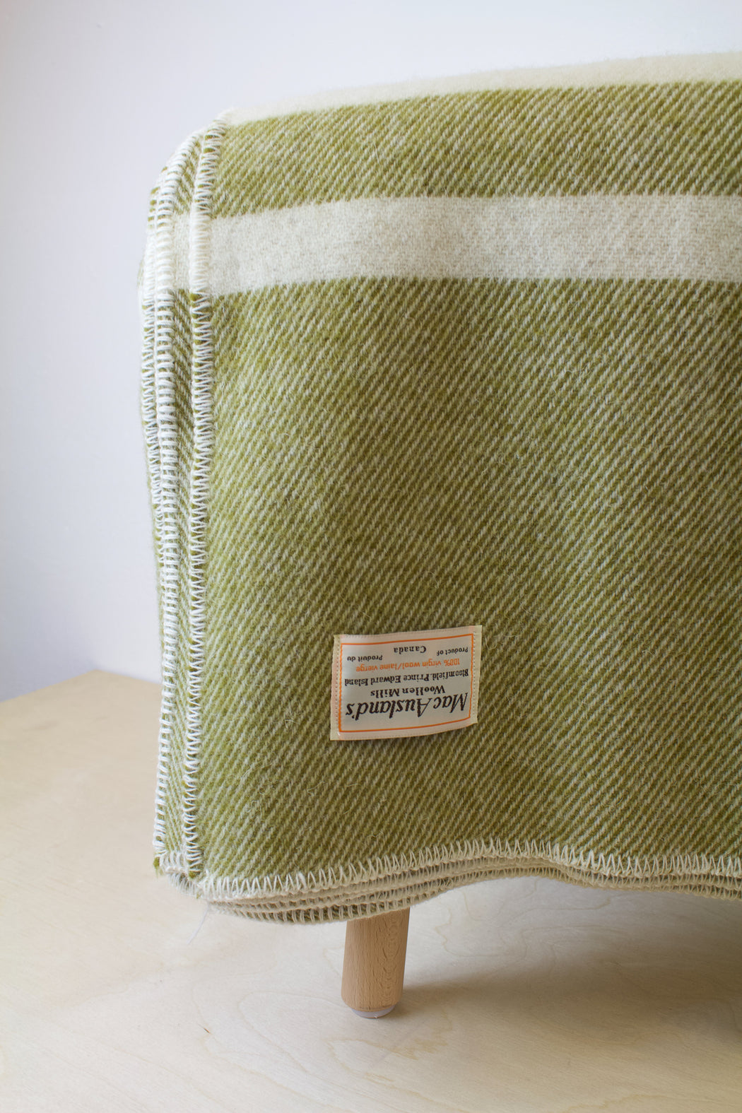 MacAusland- Queen Wool Blanket Olive Tweed w/ Cream Stripe