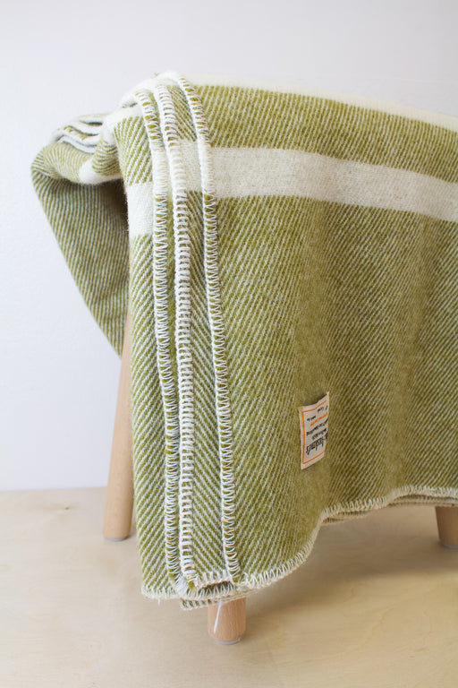 MacAusland- Queen Wool Blanket Olive Tweed w/ Cream Stripe